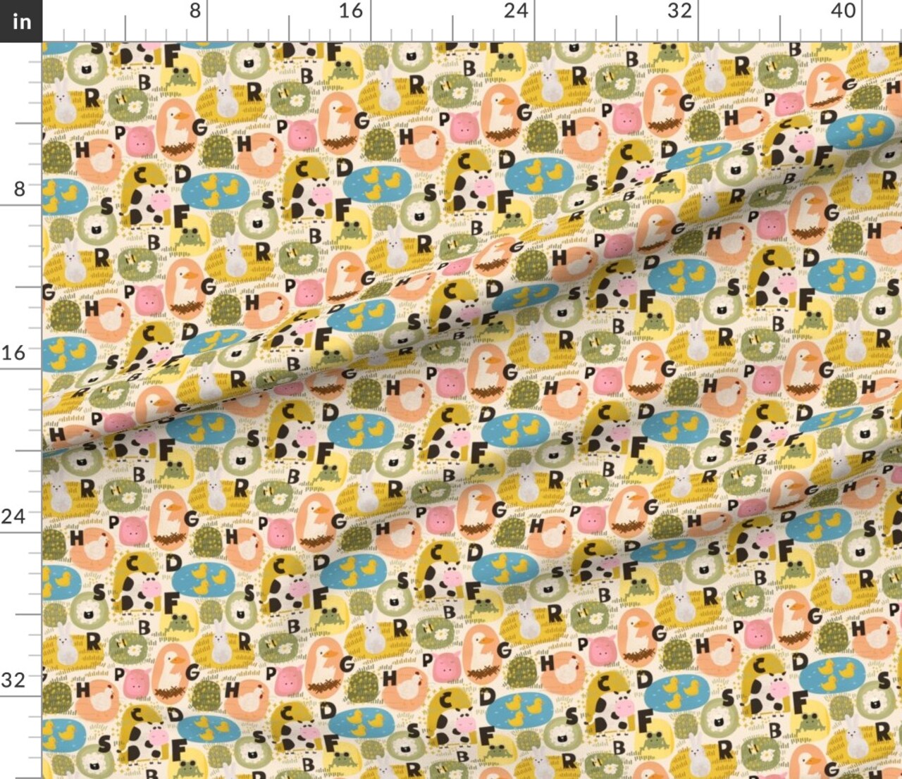 Farm Animals Scandinavian Patchwork Bohemian Farmhouse Whimsical Fun Cute Happy Cheerful Bright Pastel Yellow Pink Blue Custom Printed Fabric by Spoonflower Various Fabrics by the Yard or Fat Quarter